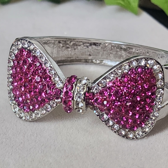 Silver with Pink and Clear CZ Bow Clamper Hinge Bling Bracelet - Picture 3 of 9
